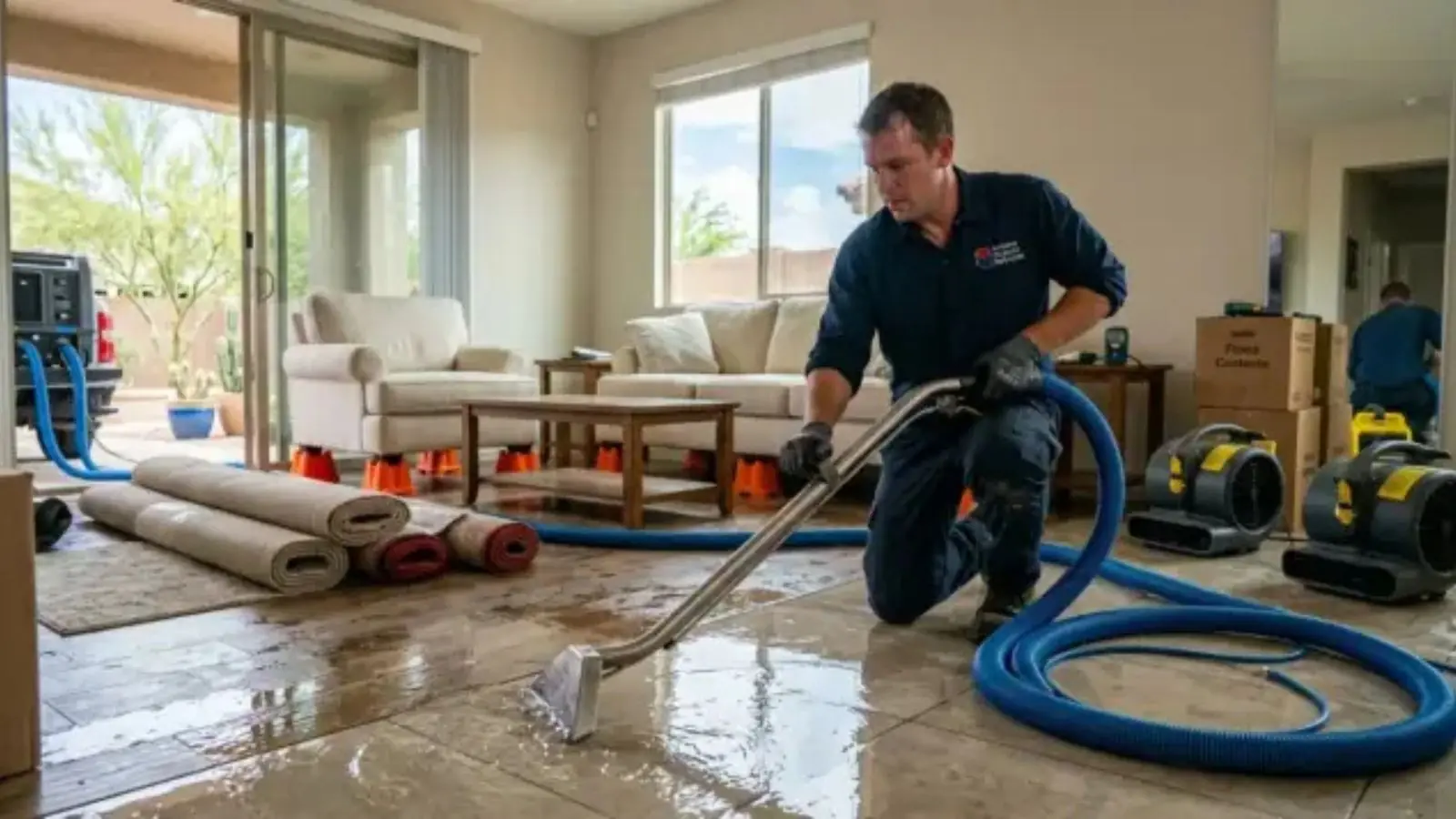 Restoration technician using an extraction wand on a wet living room floor with air movers and hoses set up nearby
